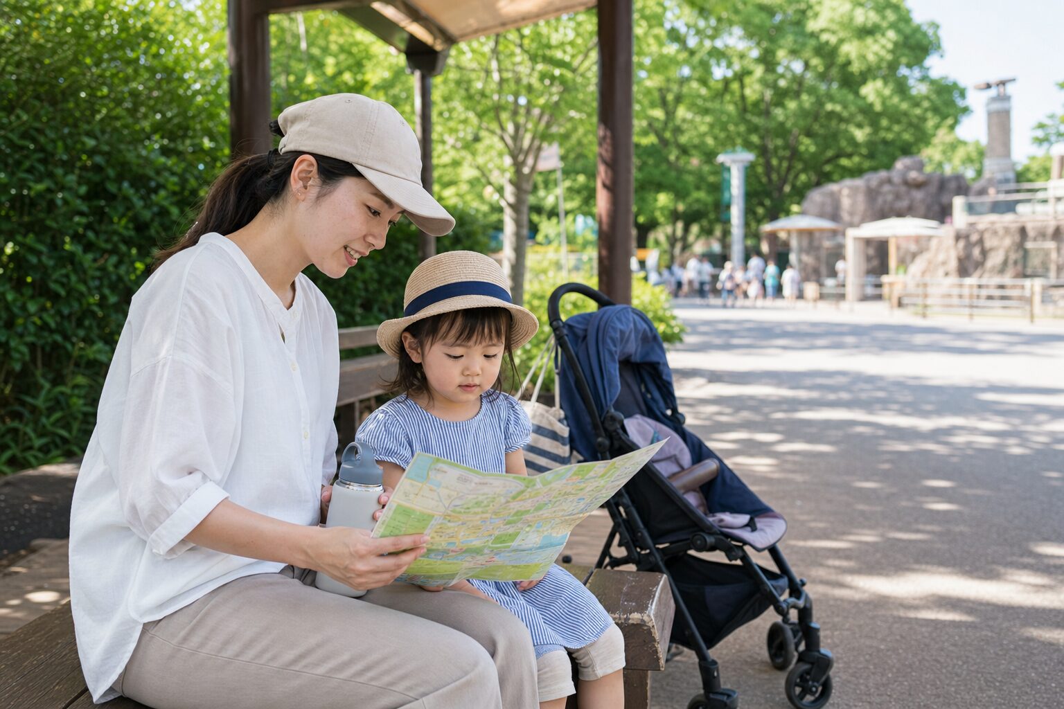 夏の動物園か遊園地で子ども連れの家族が日陰で休憩しながら外出計画を立てるイメージ