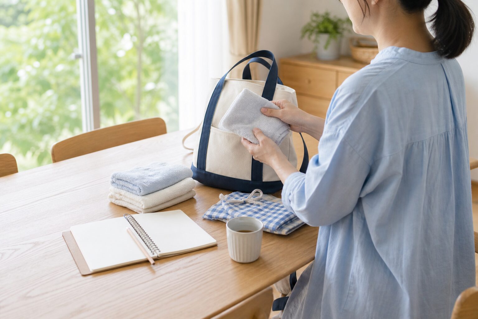 保育園の感染症が気になる週に親がタオルや連絡ノートや通園バッグを整理する明るい朝のイメージ