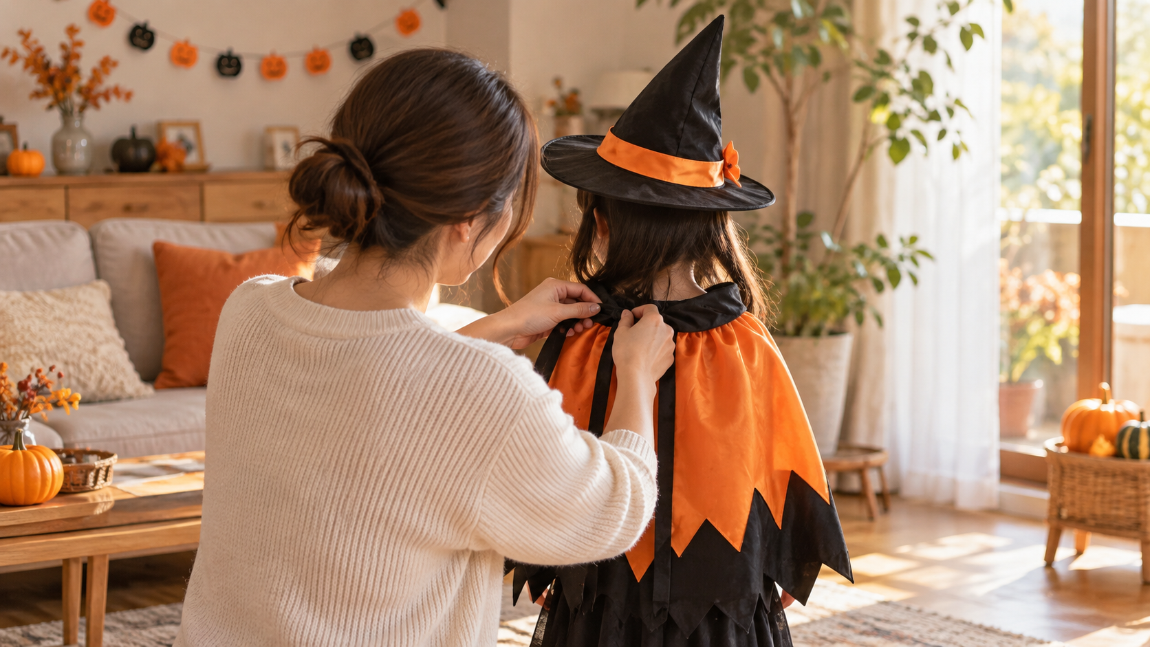 親子でハロウィンの魔女衣装を整える様子