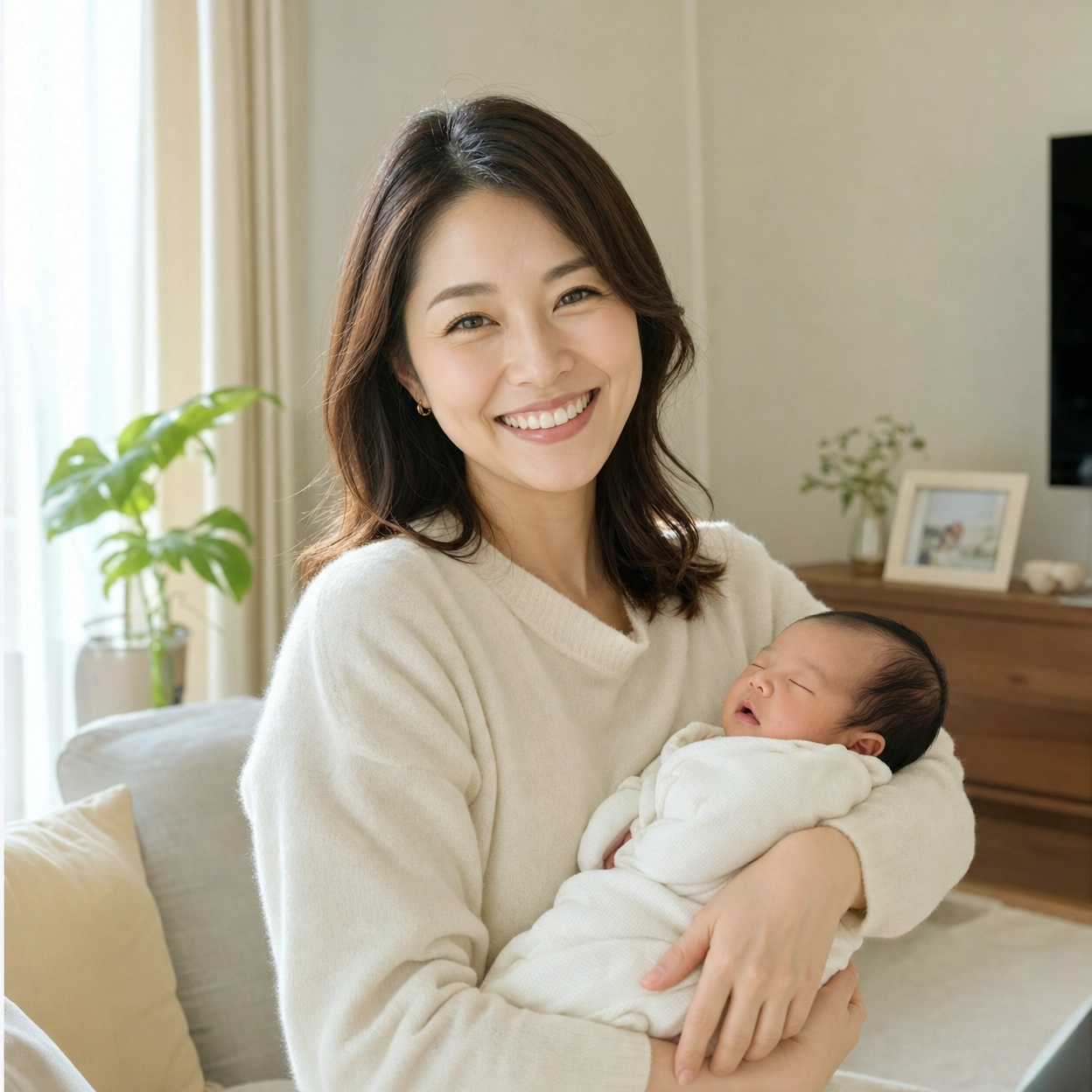 赤ちゃんを抱いて幸せそうな母親