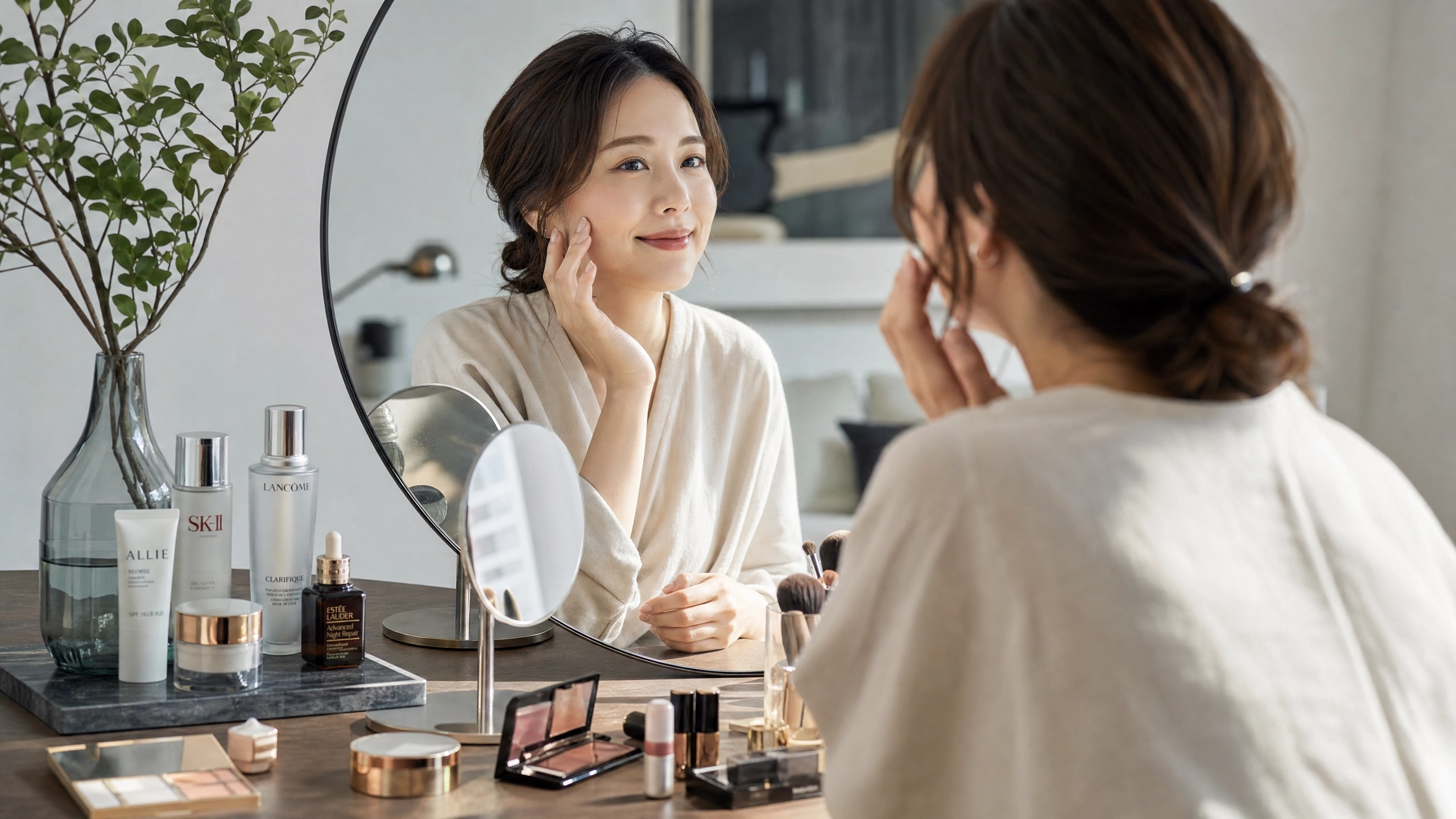 鏡の前で美容製品に囲まれた30代女性