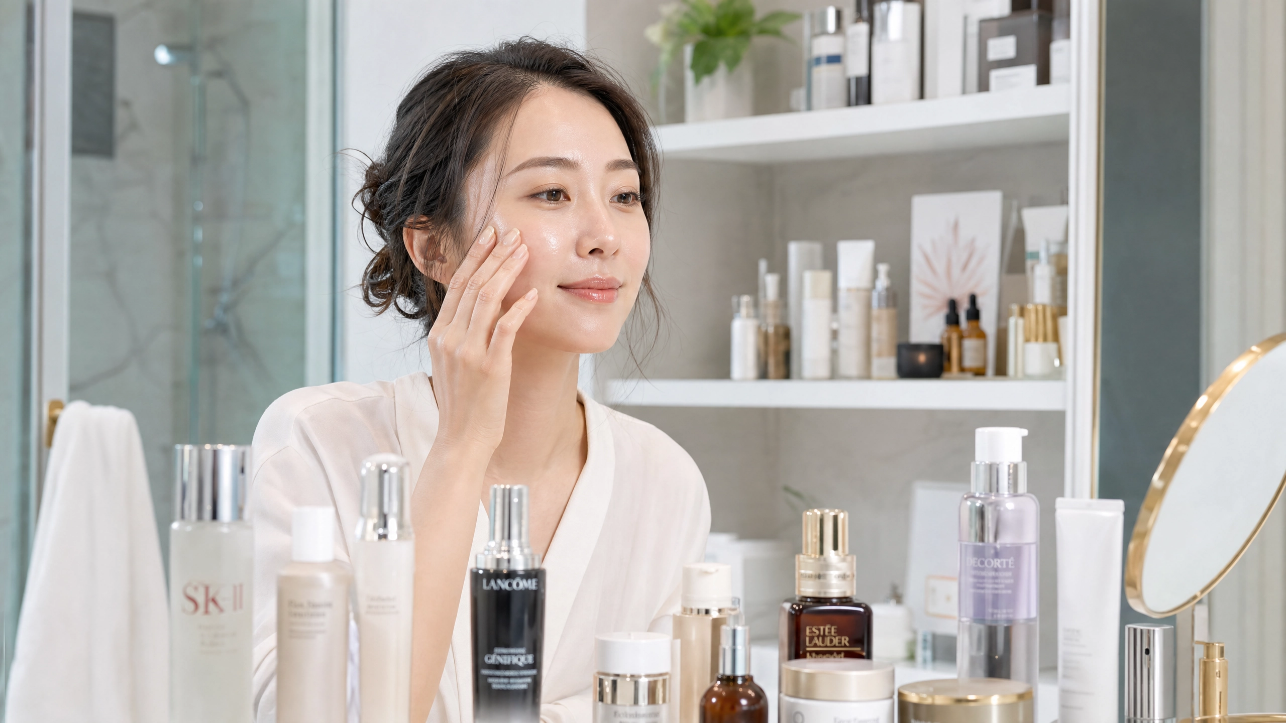 スキンケア製品を使う30代女性