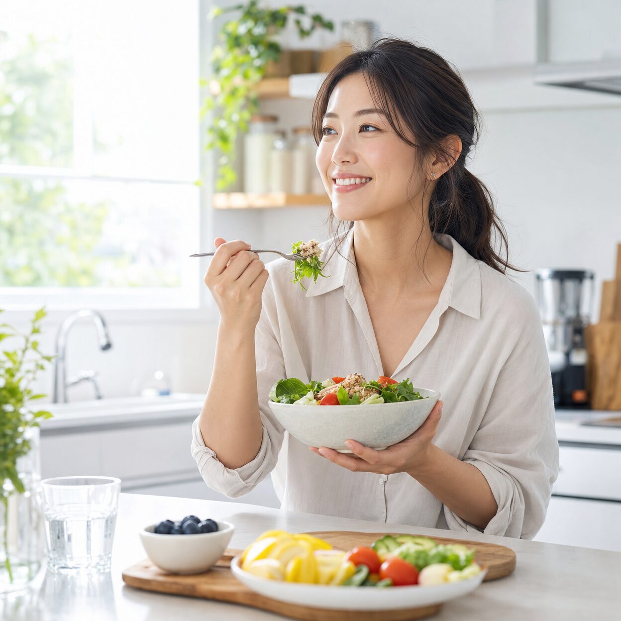 健康的な朝食を楽しむ30代女性