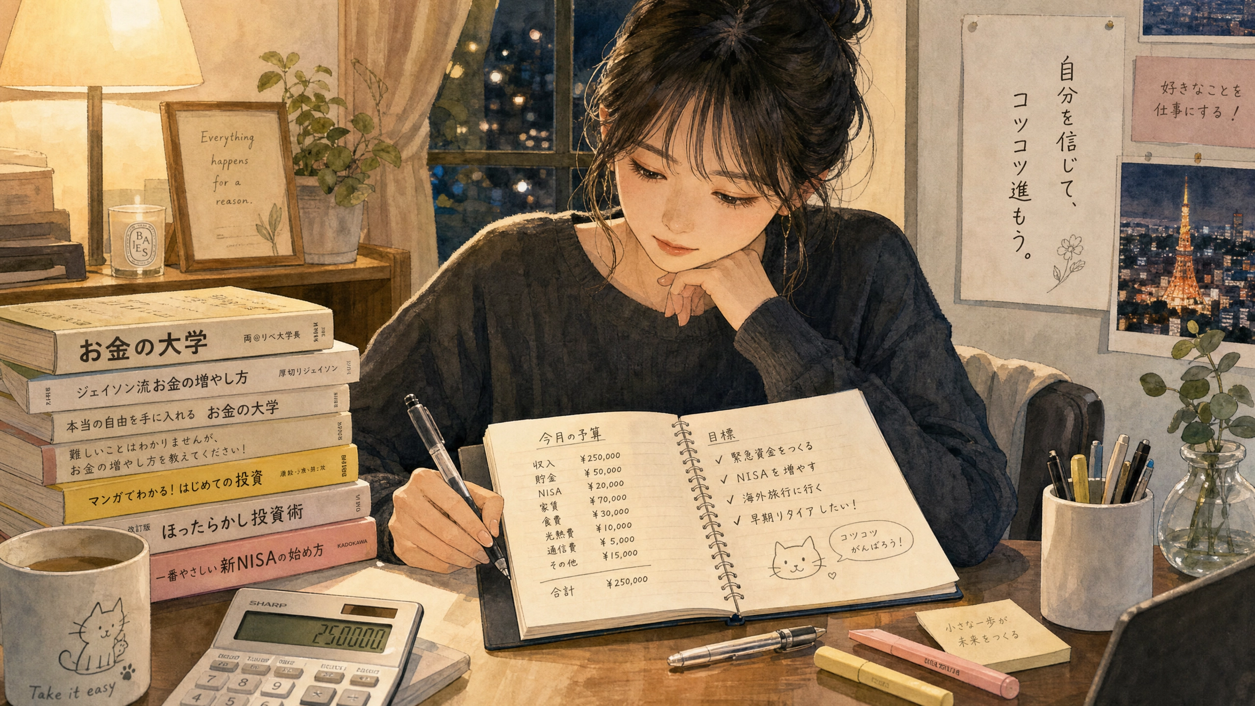 夜に家計簿と投資本を広げて勉強する女性