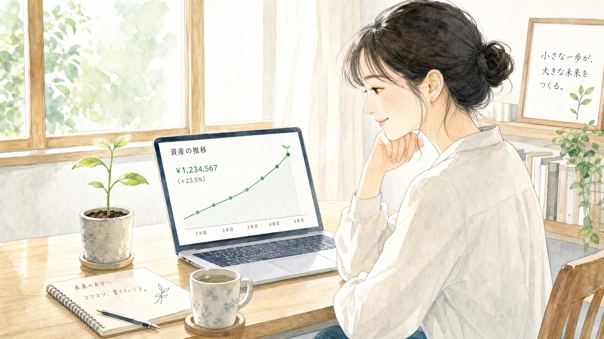 資産の成長グラフを見て微笑む女性