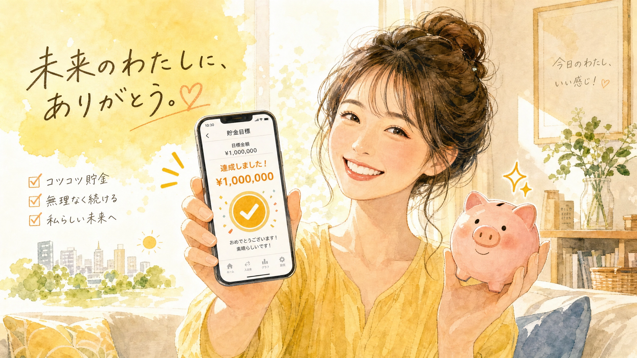 貯金目標達成を喜ぶ女性