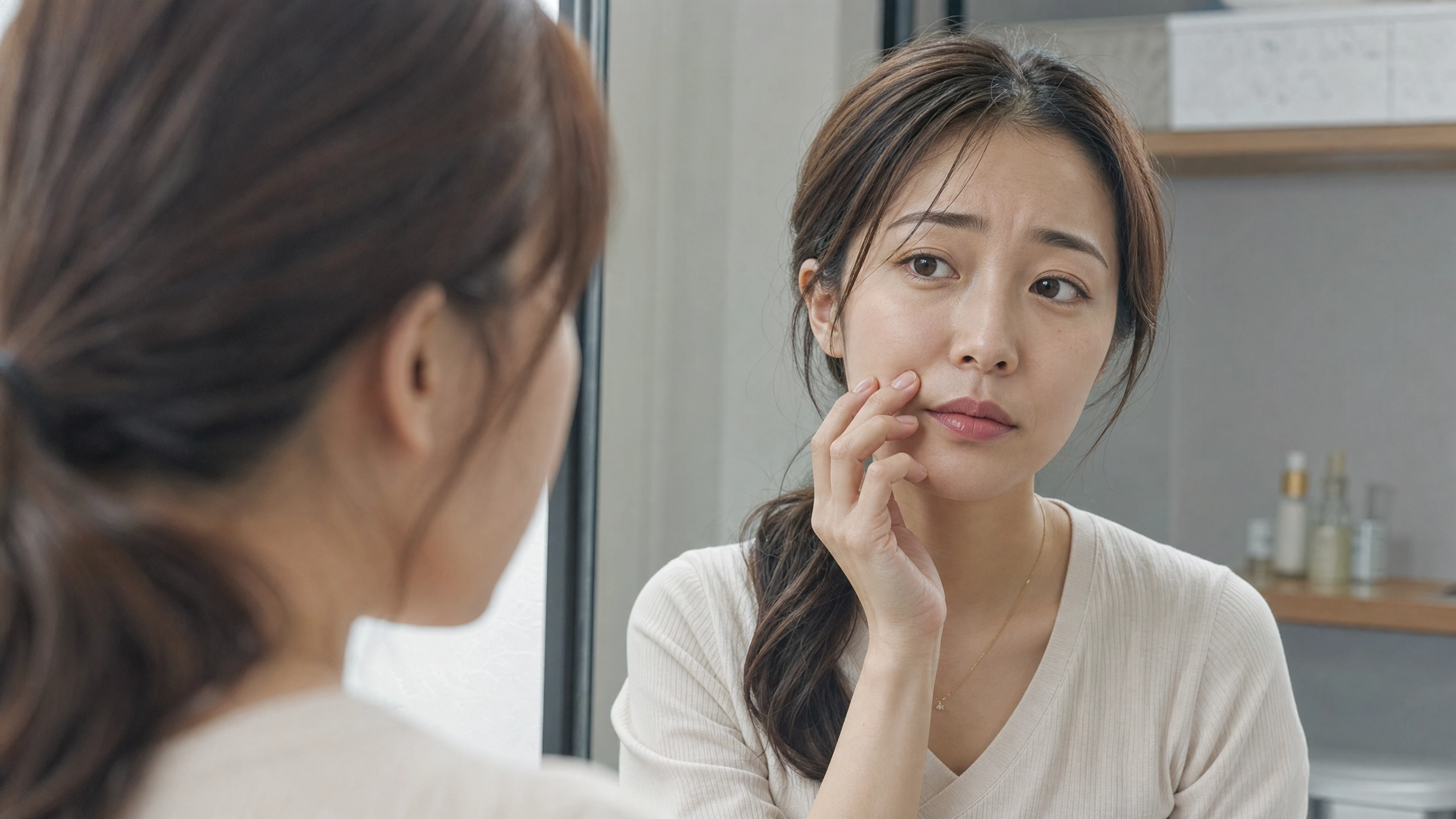 鏡を見てほうれい線を気にする30代女性