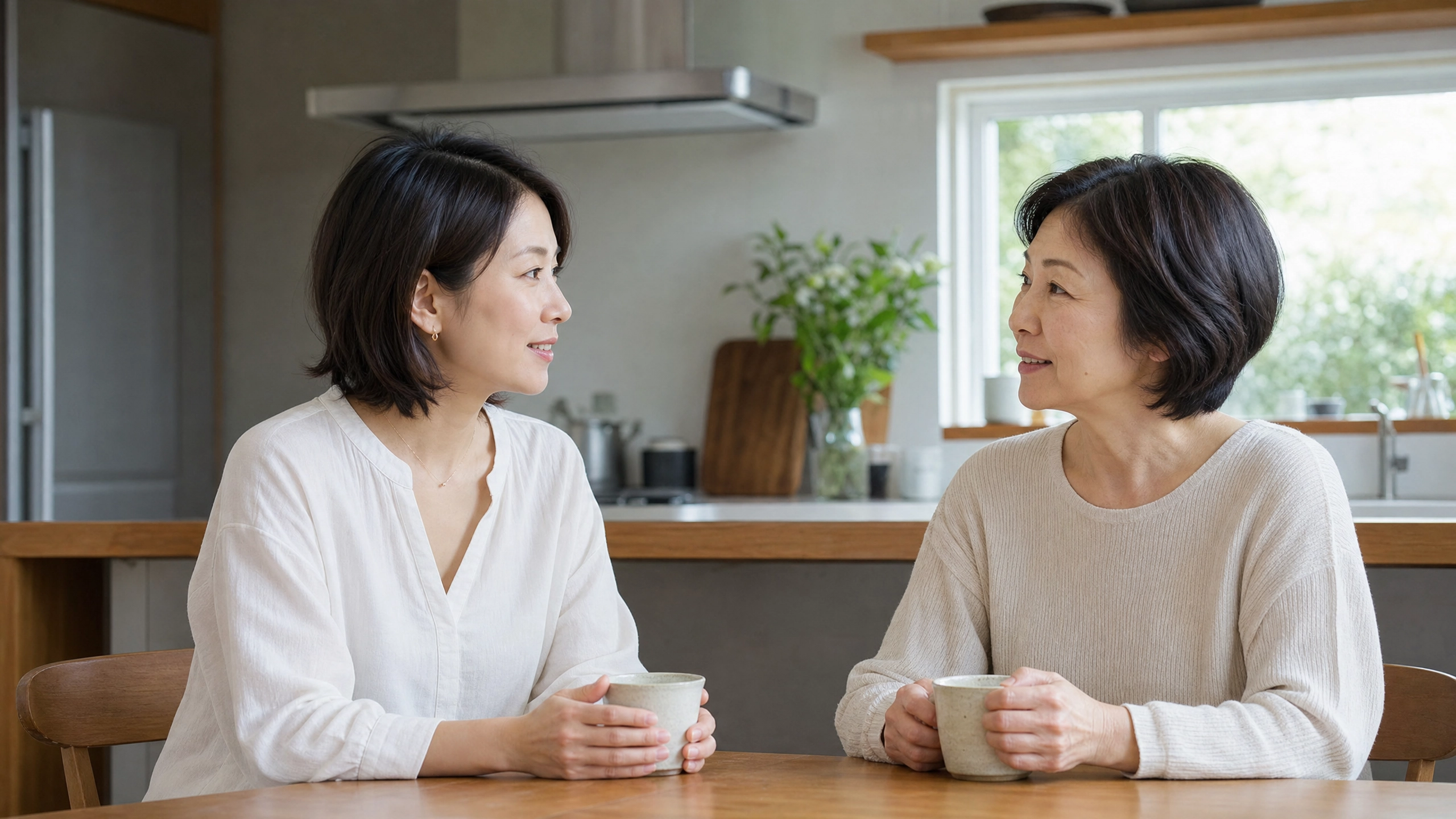 母親とお茶をしながら話し合う30代女性