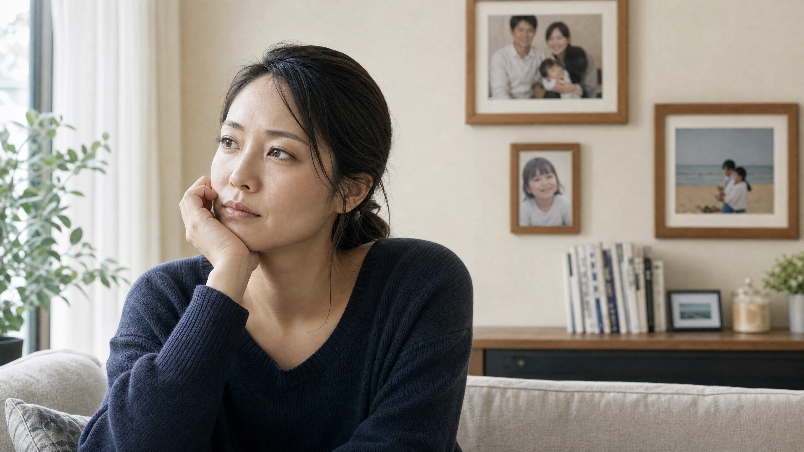 家族写真を見つめる30代独身女性