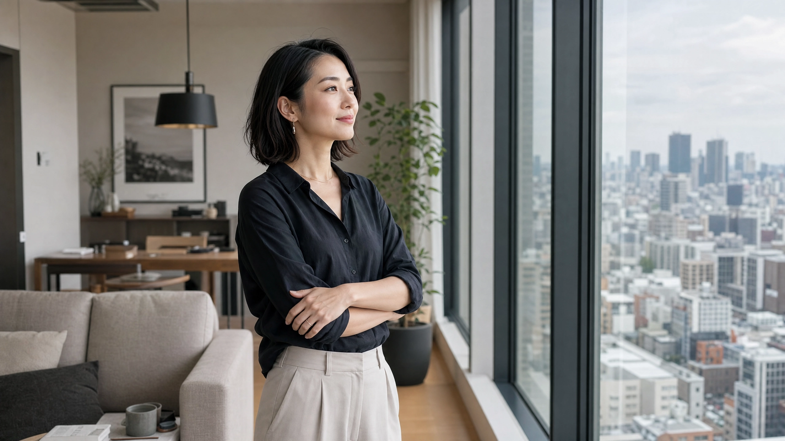 窓から都市の景色を眺める自信に満ちた30代女性
