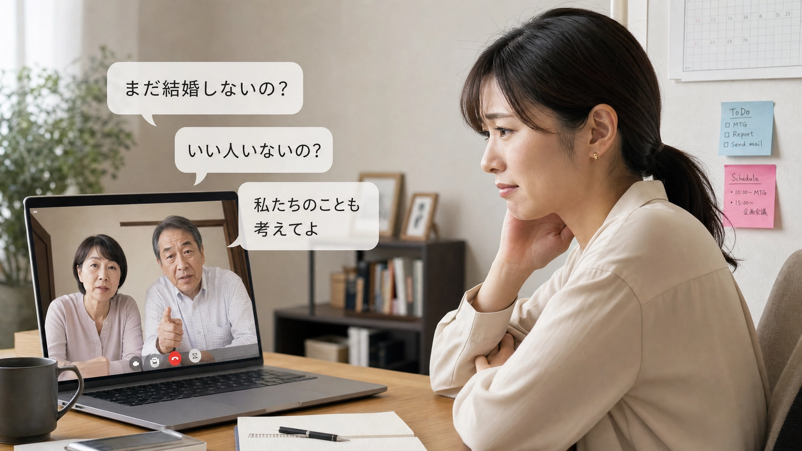 親からのビデオ通話で結婚について聞かれる30代女性