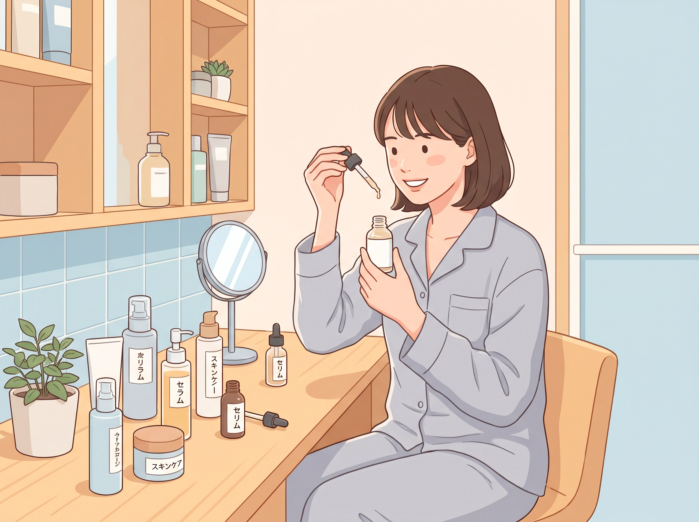 スキンケアルーティンを楽しむ女性