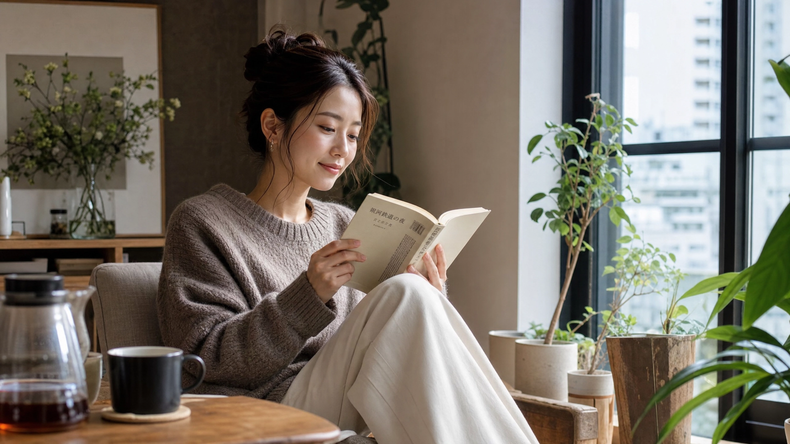 コーヒーを飲みながら読書する30代女性