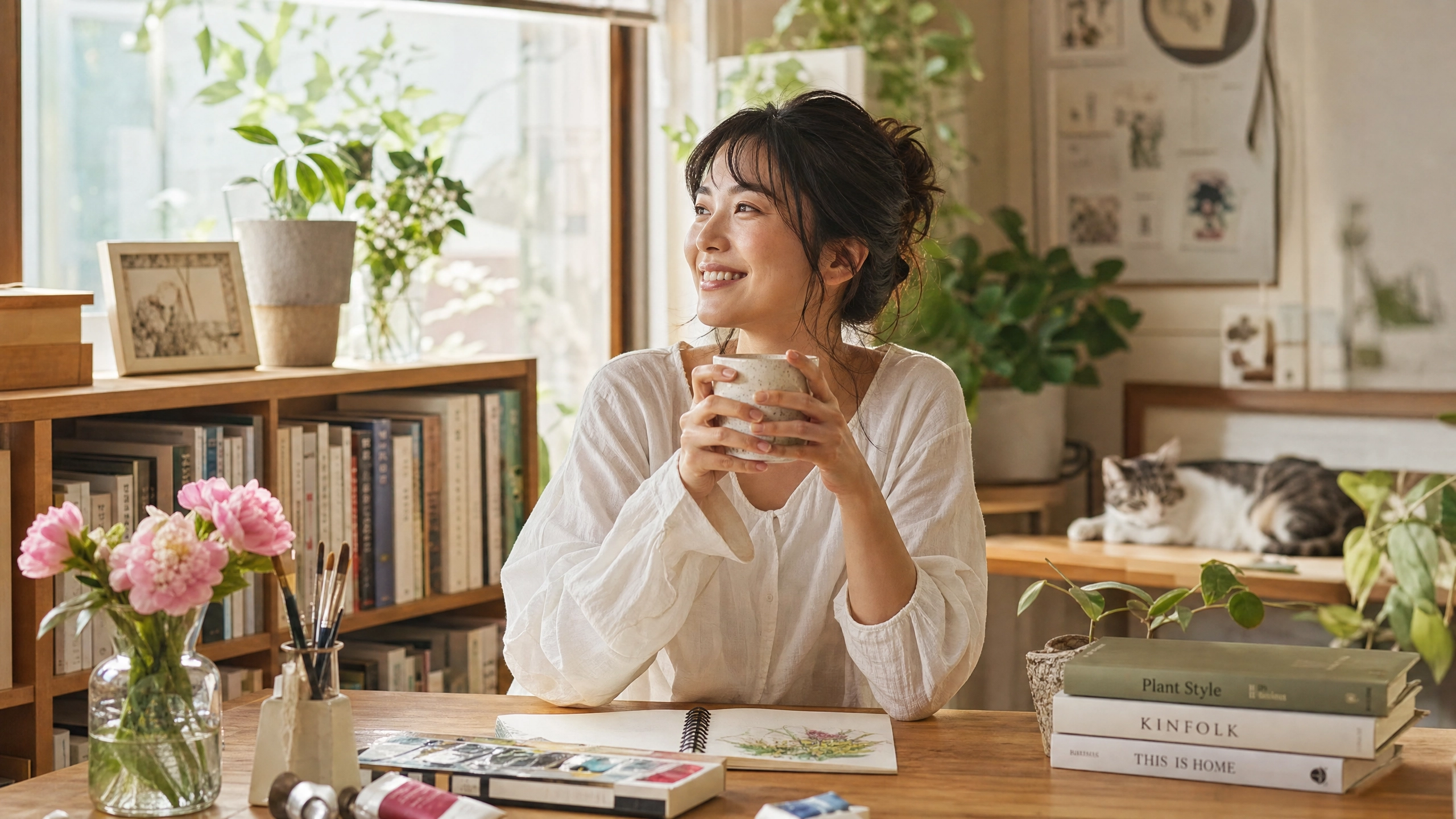 趣味に囲まれて満足そうな30代女性