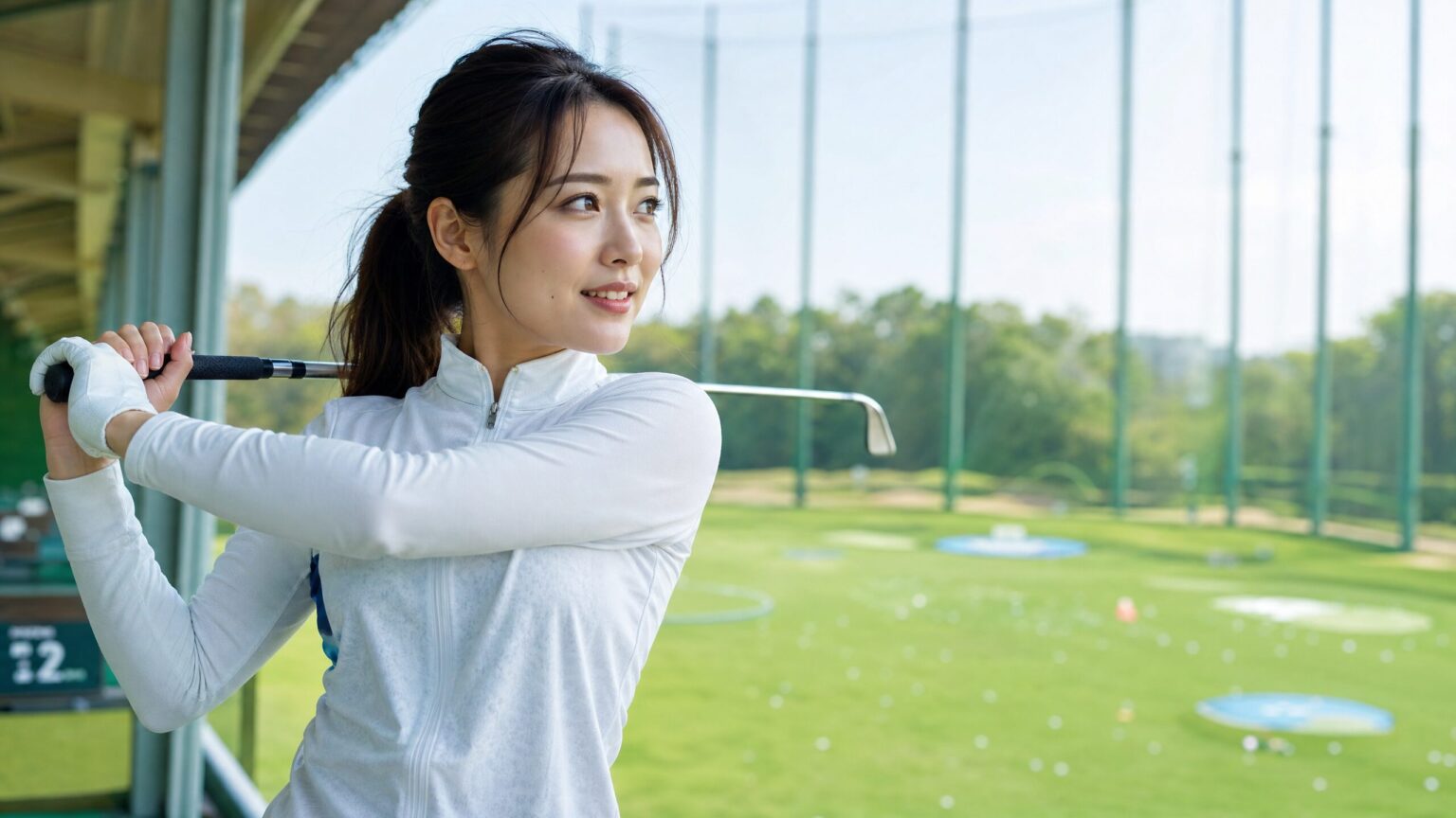 打ちっぱなしでゴルフを楽しむ30代女性