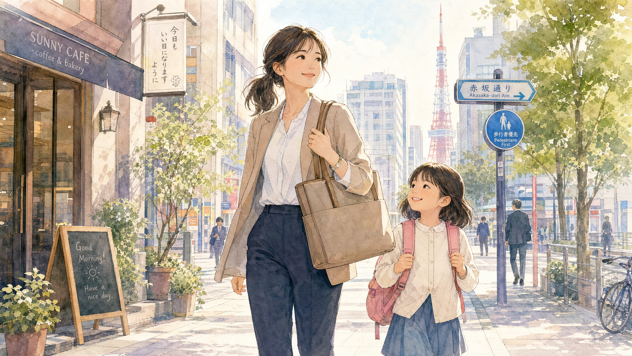 子どもと一緒に朝の通勤路を歩くワーキングマザー