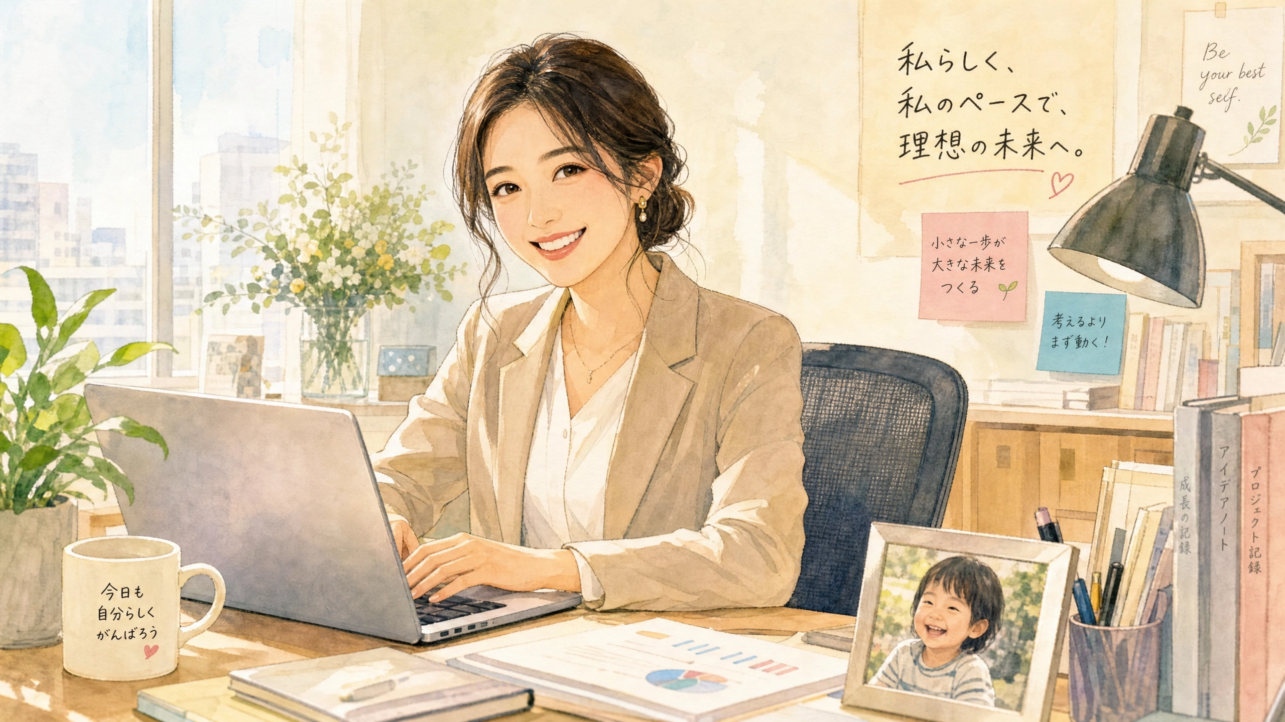 子どもの写真を傍らに、笑顔で仕事に向かうワーキングマザー