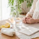 夏の妊娠初期につわり中の水分補給をイメージした明るい室内写真