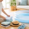 夏の水遊び前に親がタオルや家庭用プールを準備する明るい室内イメージ