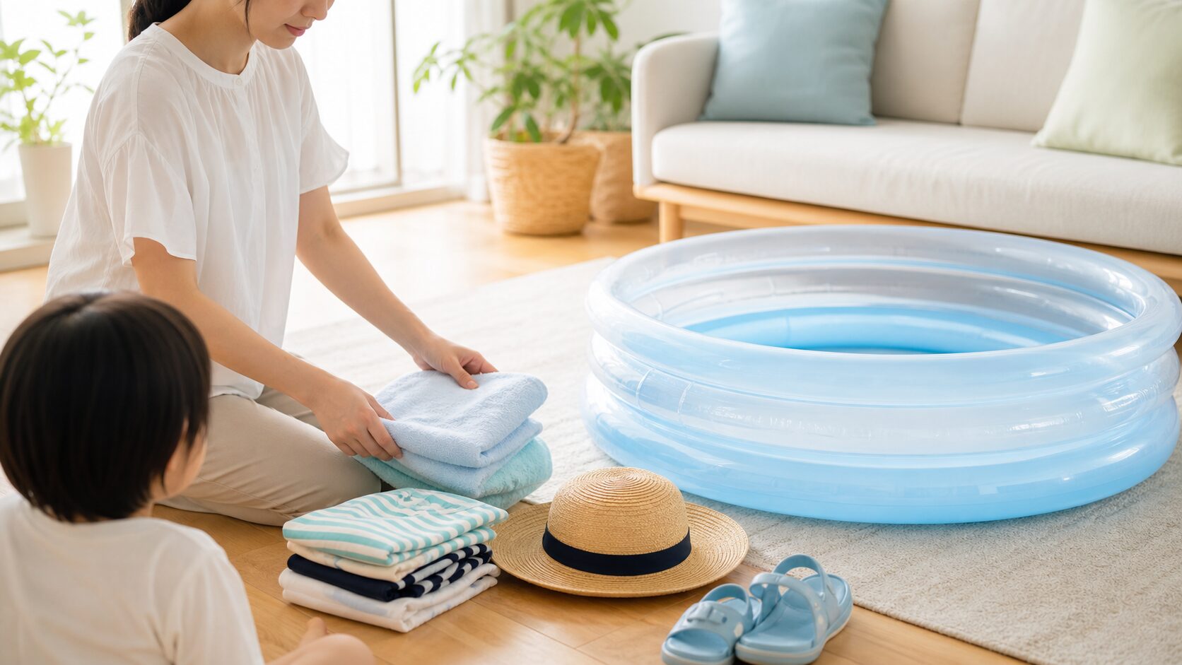 夏の水遊び前に親がタオルや家庭用プールを準備する明るい室内イメージ