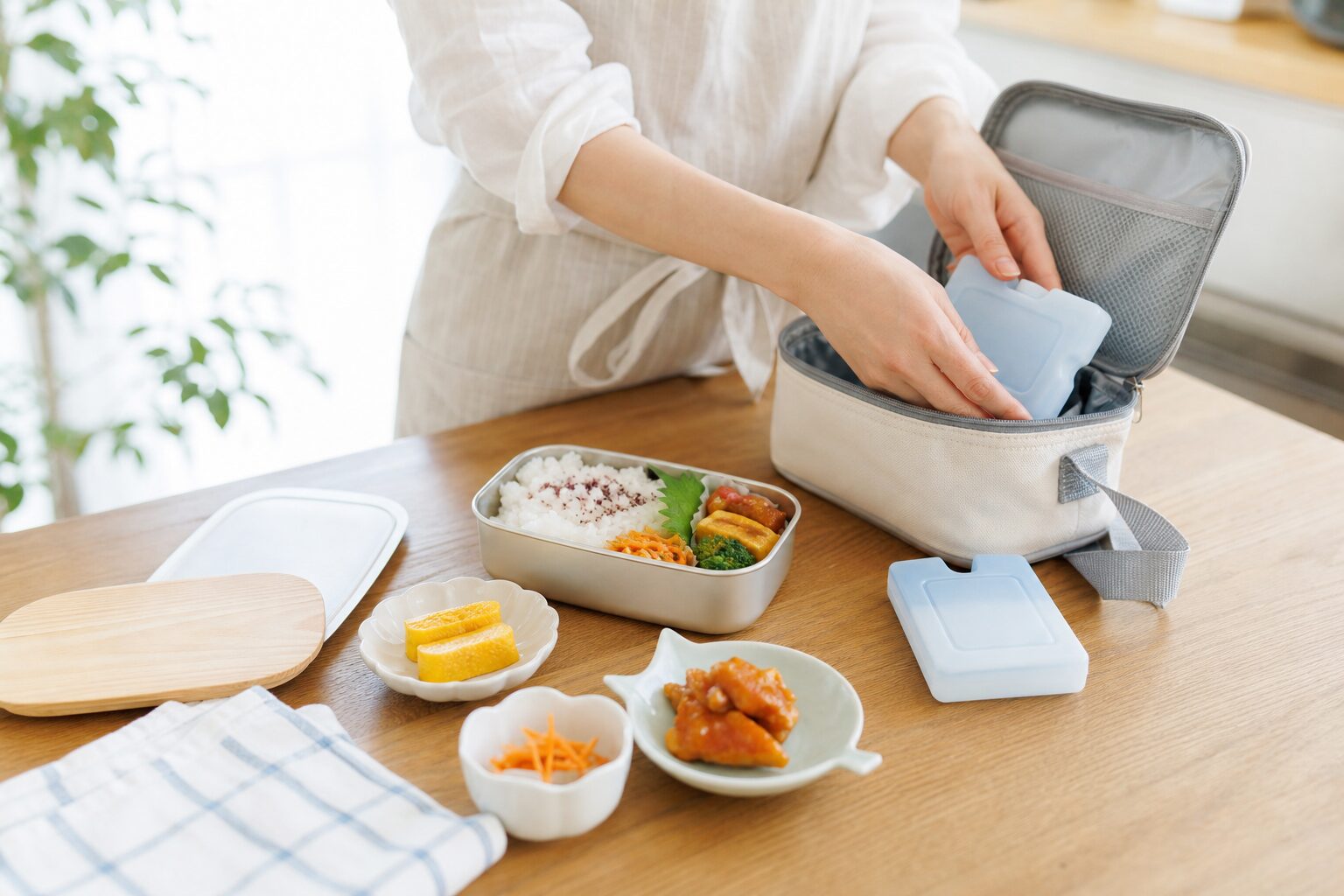 夏の朝に子どものお弁当と保冷バッグを準備する明るいキッチンイメージ