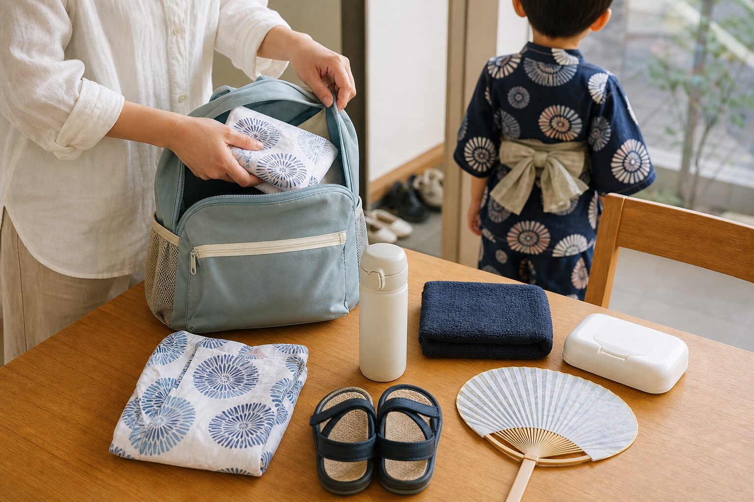 子連れ夏祭りに向けて水筒とタオルを入れたバッグを準備する家庭のイメージ