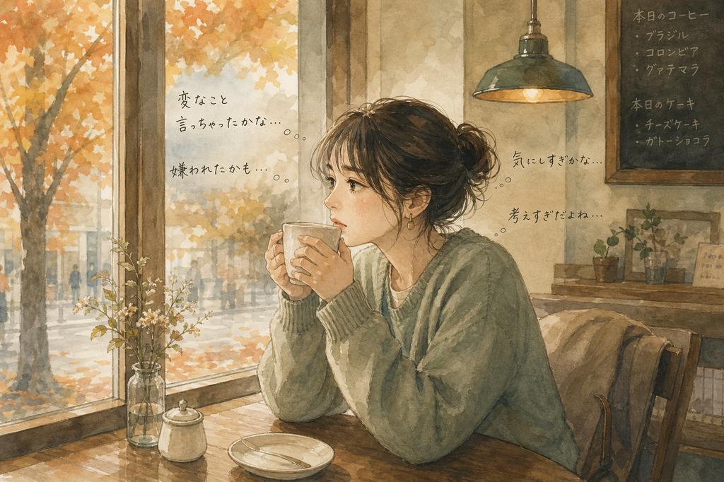 カフェで不安そうに考え込む女性