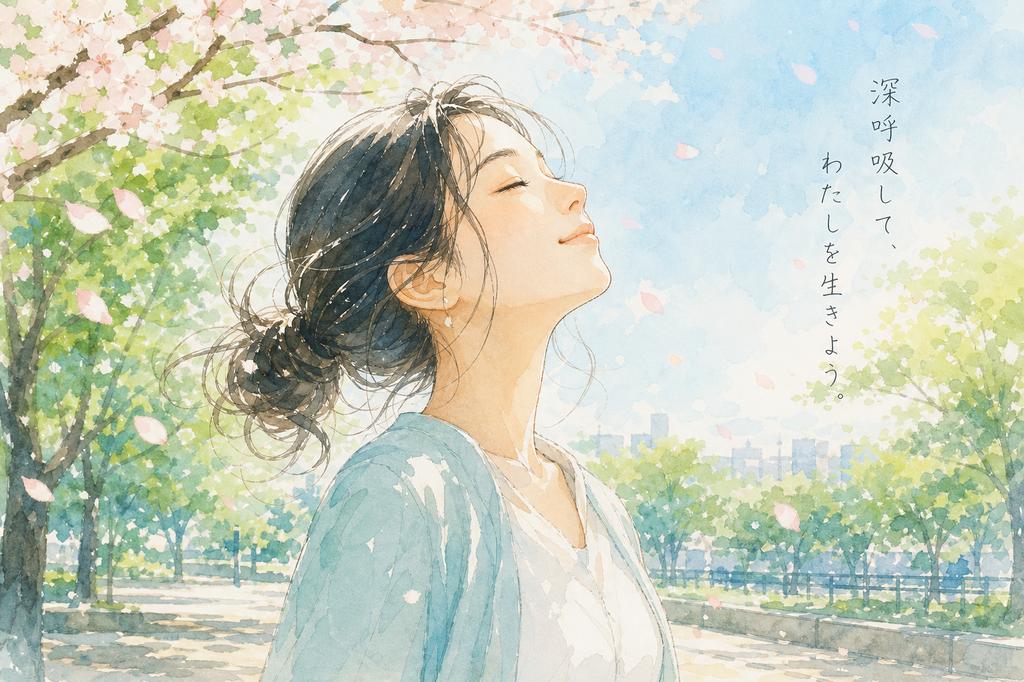 公園で深呼吸して気持ちを解放する女性