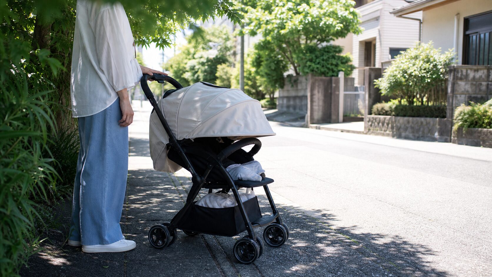 夏の住宅街で日陰にベビーカーを止めて照り返しを避ける外出イメージ