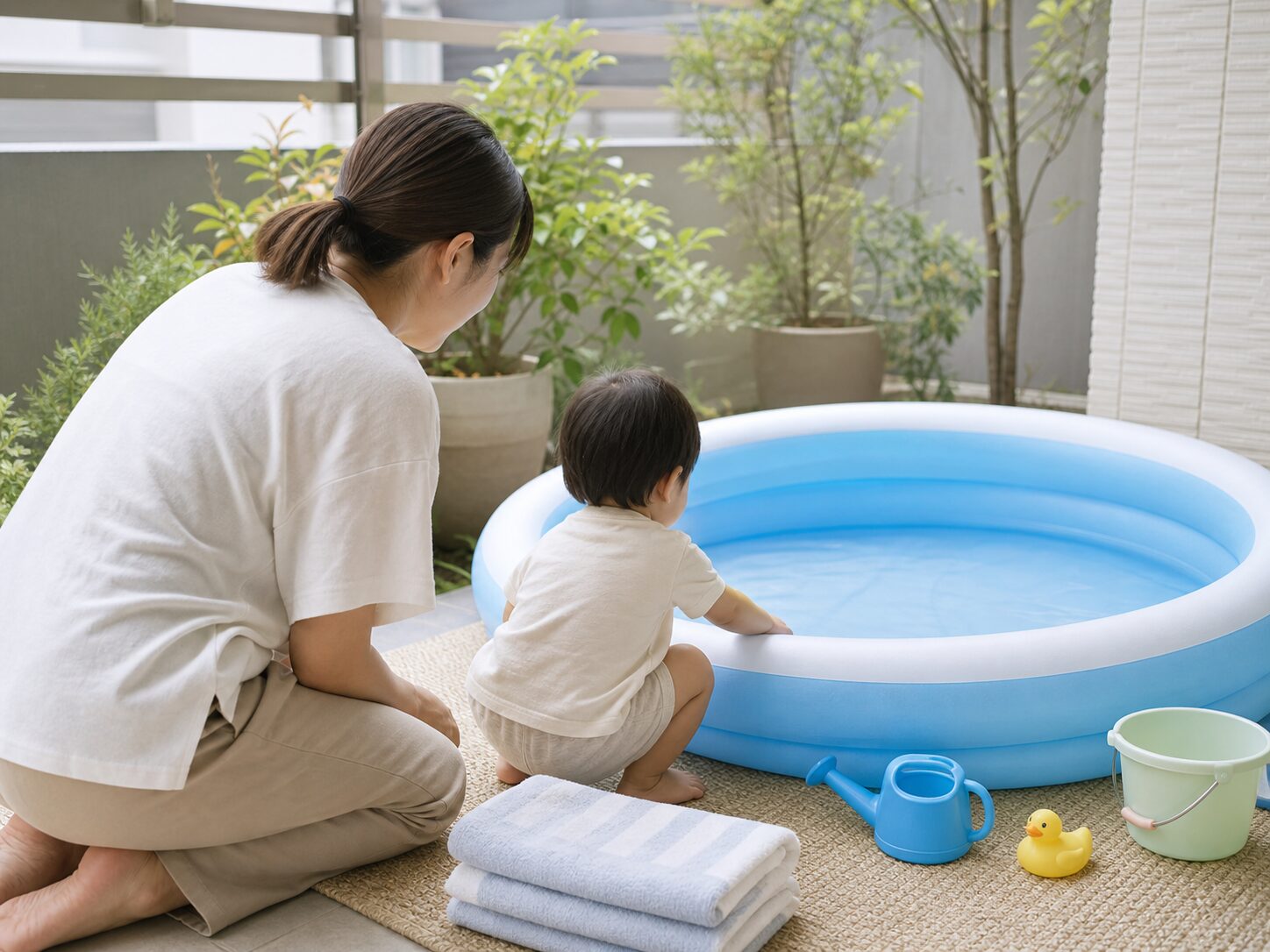 浅い水の家庭用プールのそばで大人が子どもに寄り添って見守るイメージ