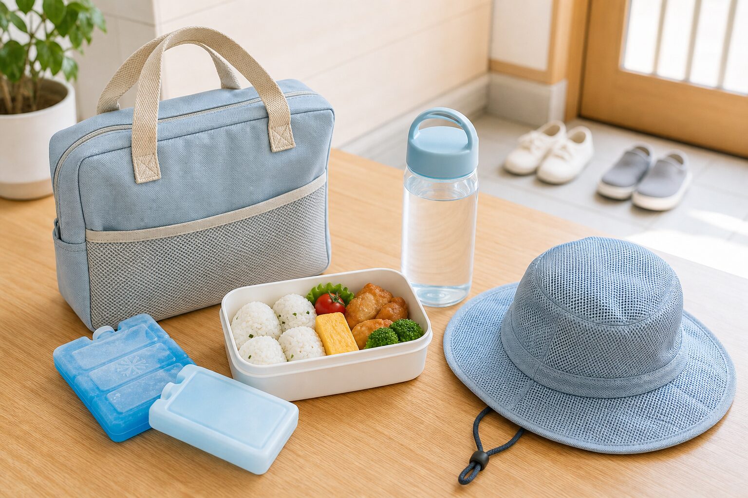 夏の外出前に弁当箱と保冷バッグを並べて準備するイメージ