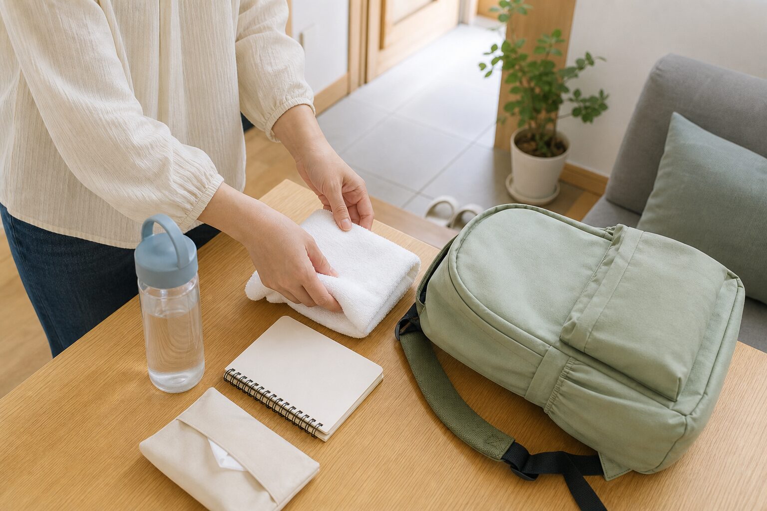保育園で感染症のお知らせがあった週に通園用品を確認するイメージ