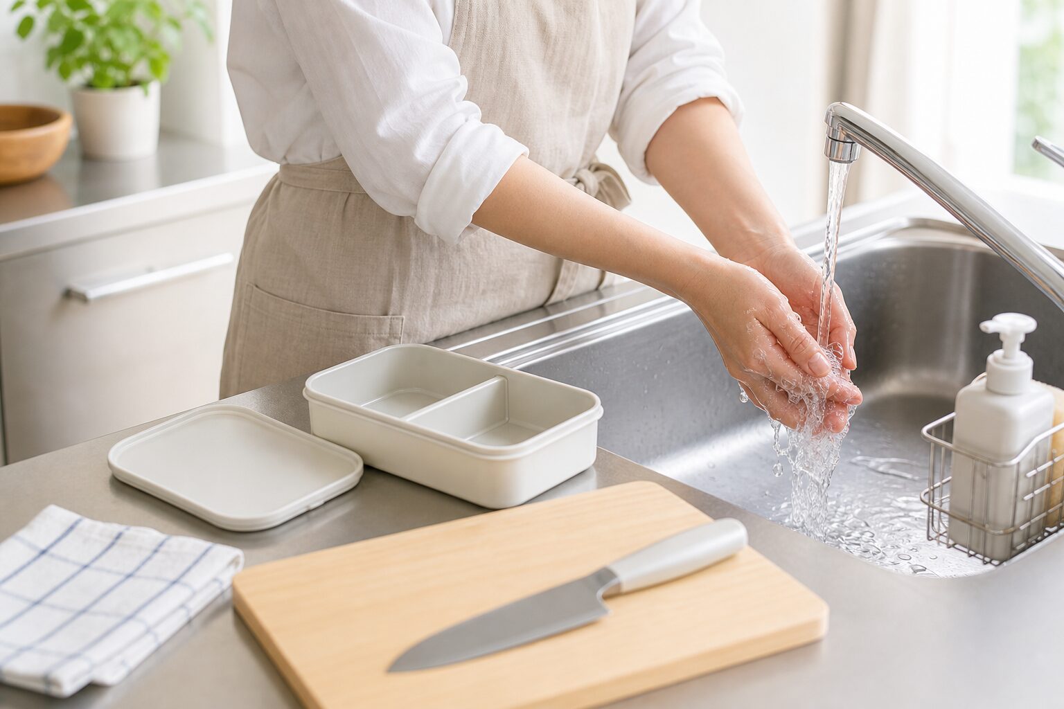 お弁当づくり前に手洗いと調理器具を整えるキッチンイメージ