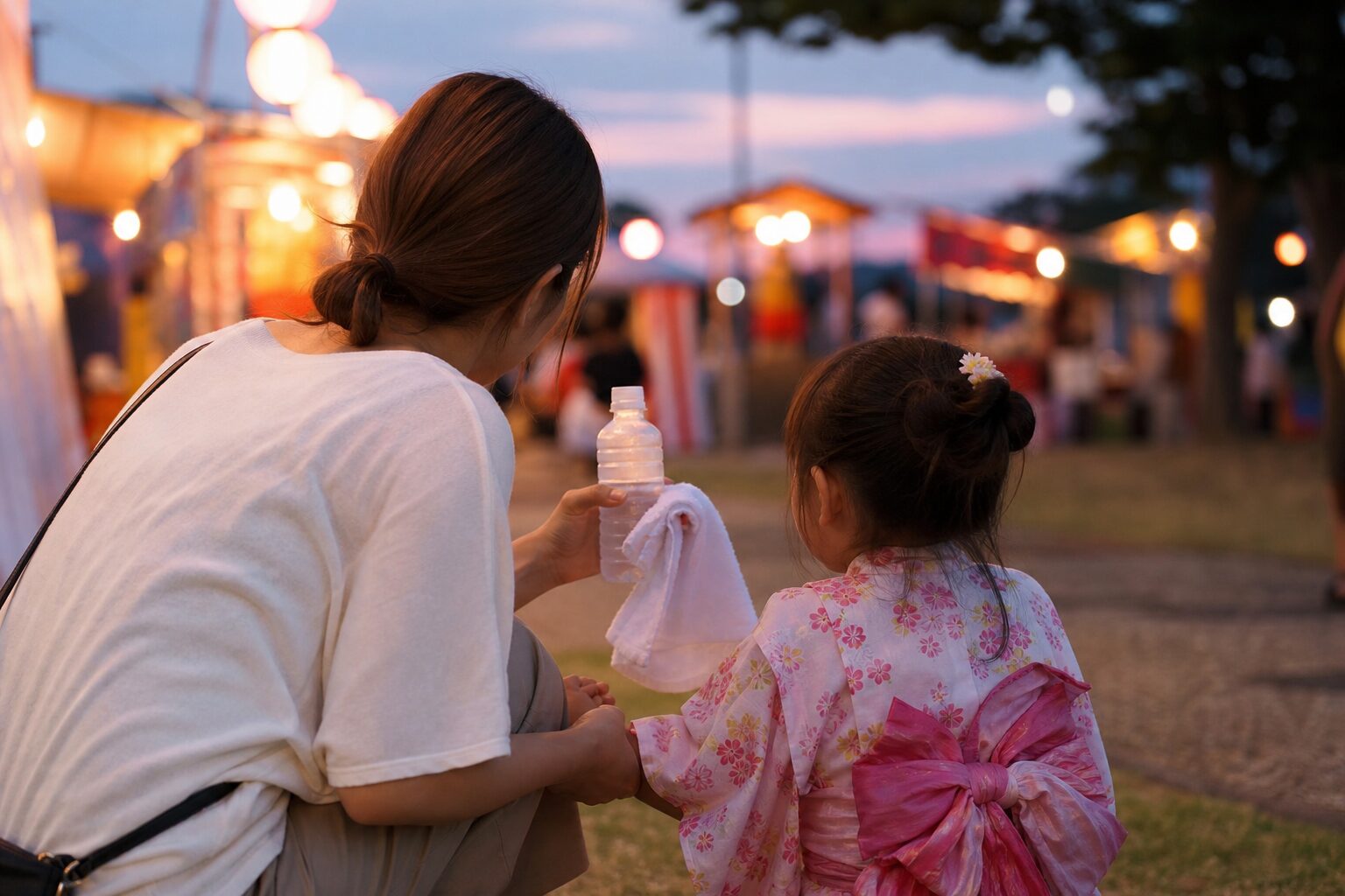 夏祭り会場の端で親子が水分と休憩を取るイメージ