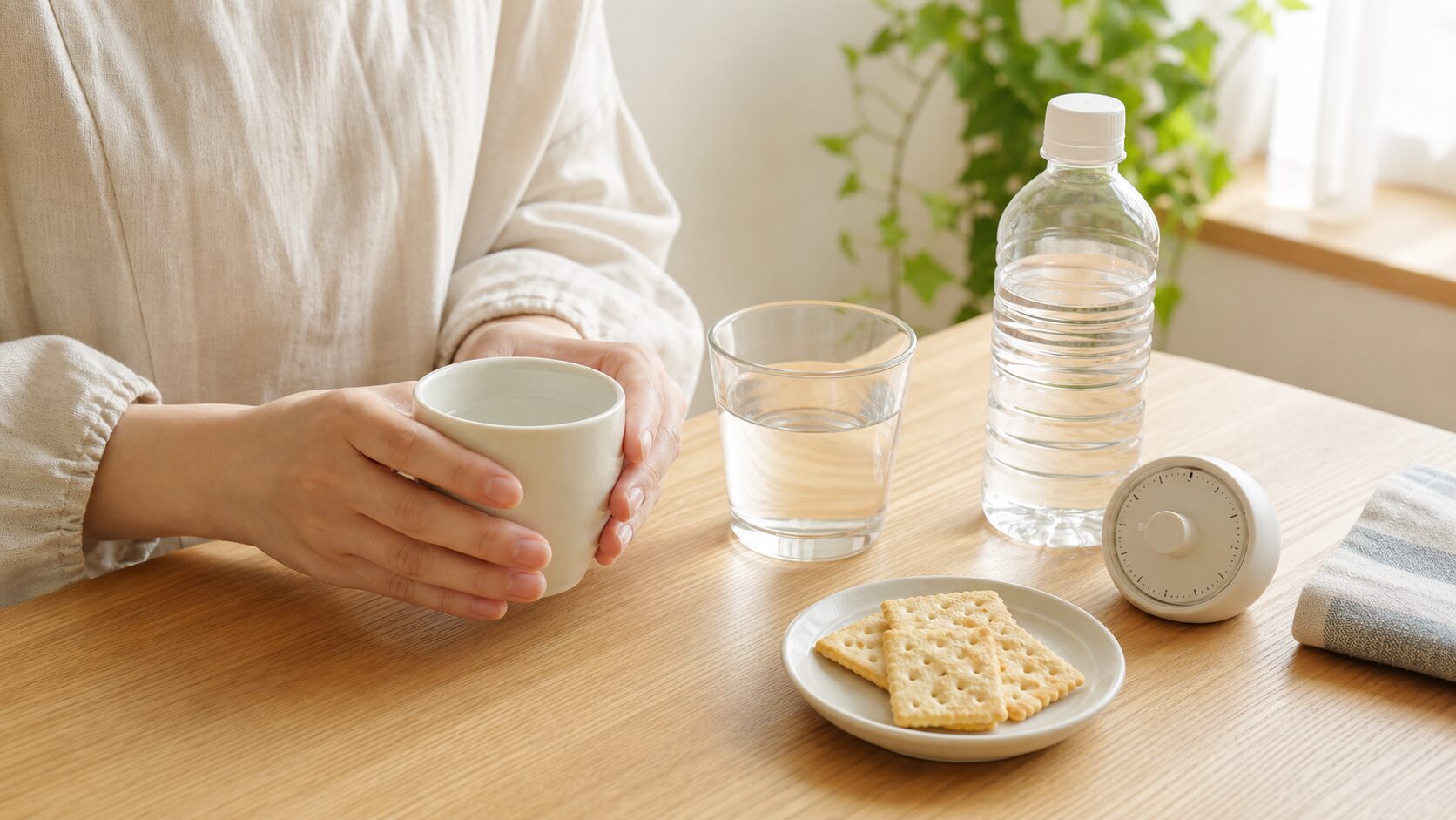 つわり中に少量ずつ水分を取るための小さなコップと飲み物