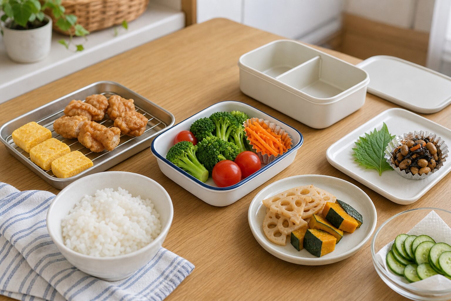 おかずとごはんを冷ましてから弁当箱に詰める準備イメージ