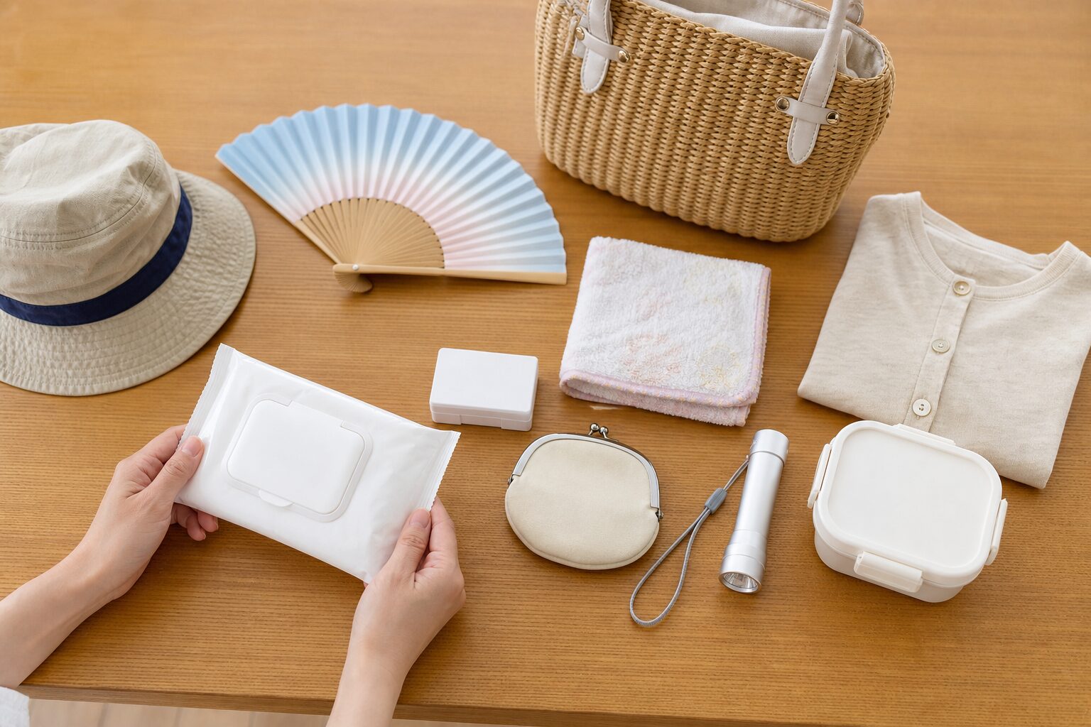 子連れ夏祭りの持ち物をテーブルに並べて準備するイメージ