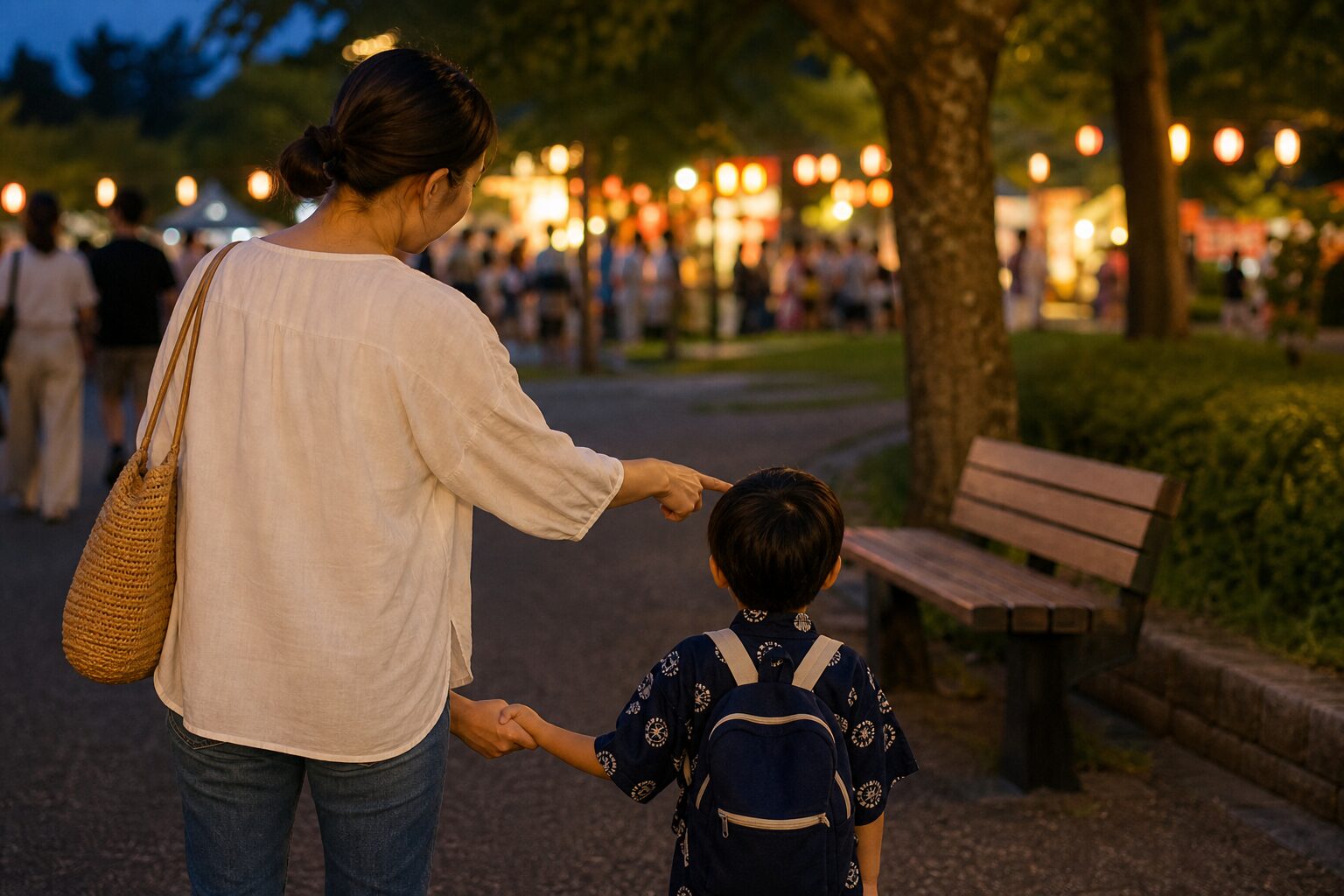 子どもと夏祭り会場の近くで待ち合わせ場所を確認するイメージ