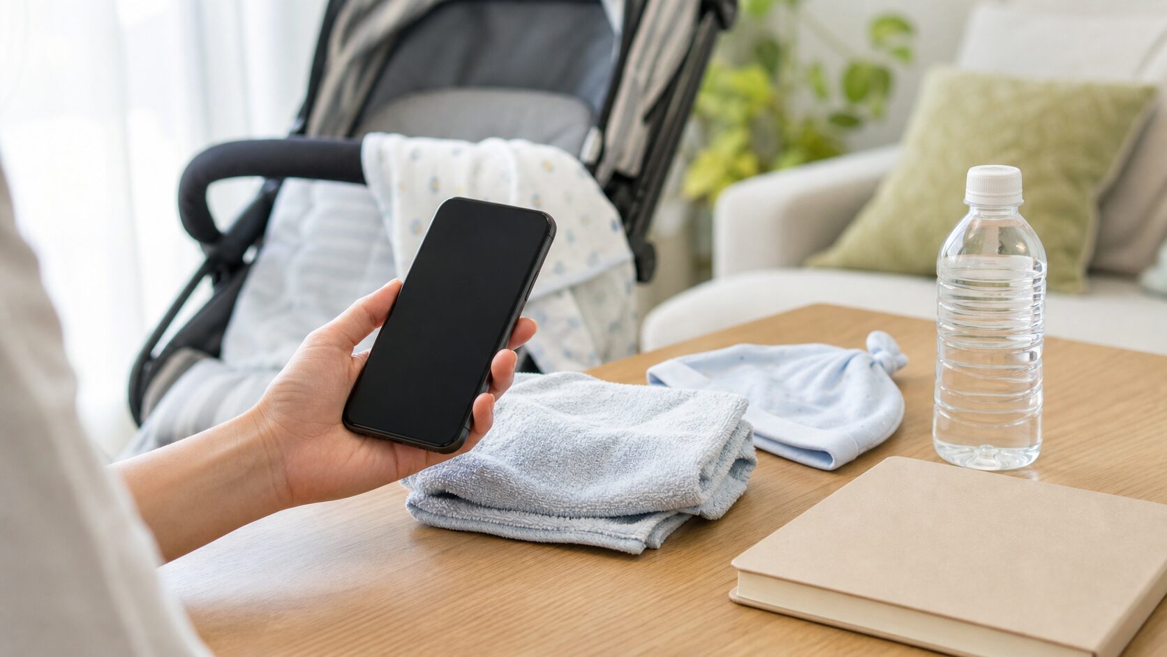 赤ちゃんの暑さが心配な時にスマートフォンで相談先を確認する室内イメージ
