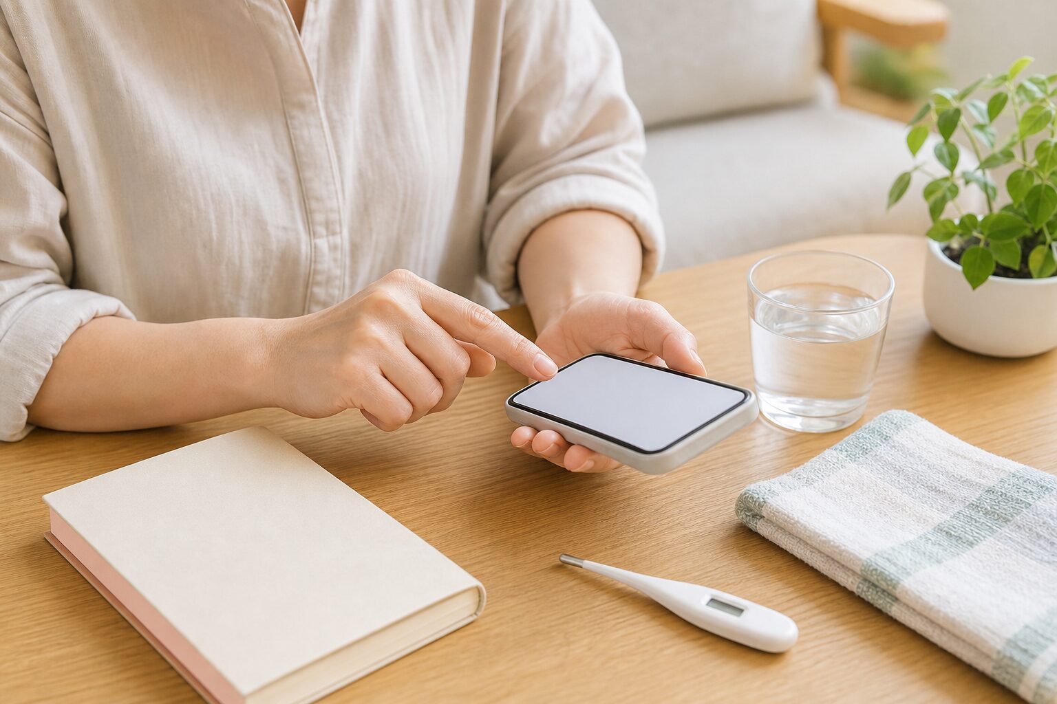 子どもの体調が心配な時に相談先を確認する手元のイメージ