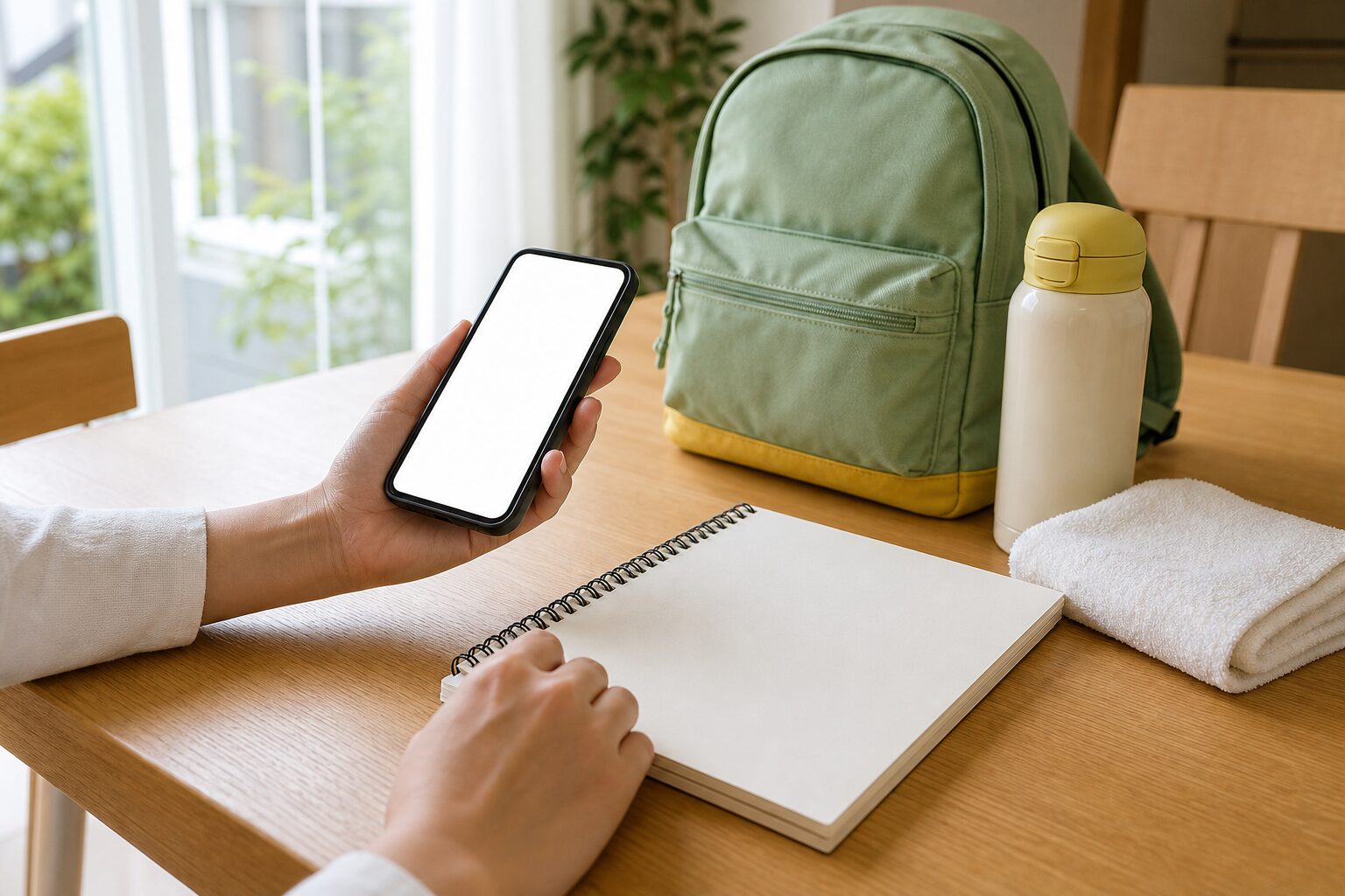登園や相談先を確認するためにスマートフォンとノートを見る手元のイメージ