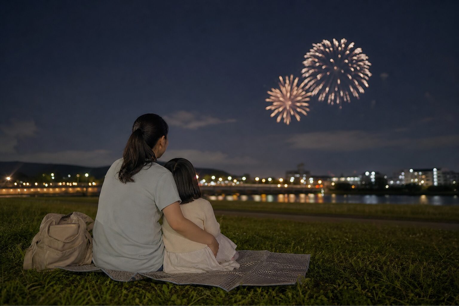 親子が離れた場所から花火を安全に眺めるイメージ