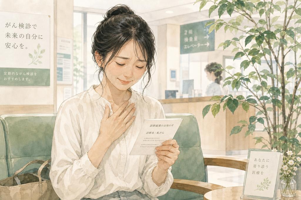 病院の待合室で診断書を受け取る女性