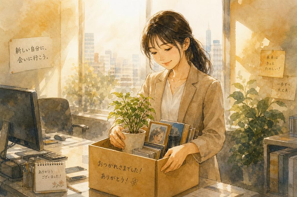 退職の日に荷物をまとめる女性