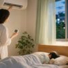 夏の夜に親が子どもの寝室環境を見直す家庭のイメージ