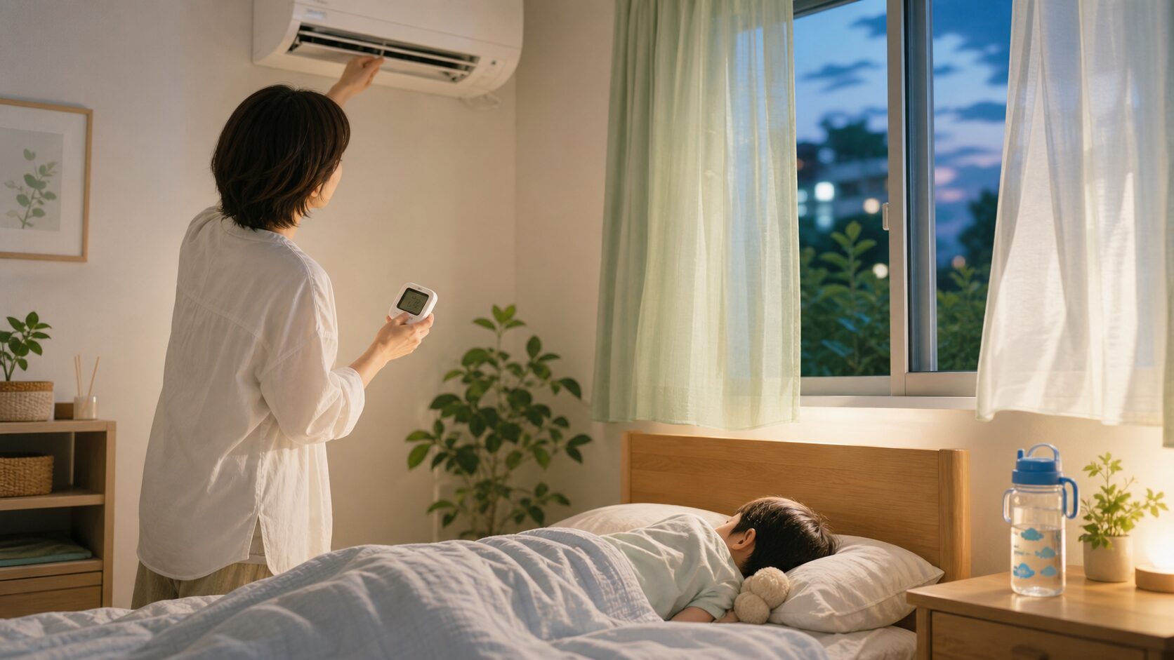 夏の夜に親が子どもの寝室環境を見直す家庭のイメージ
