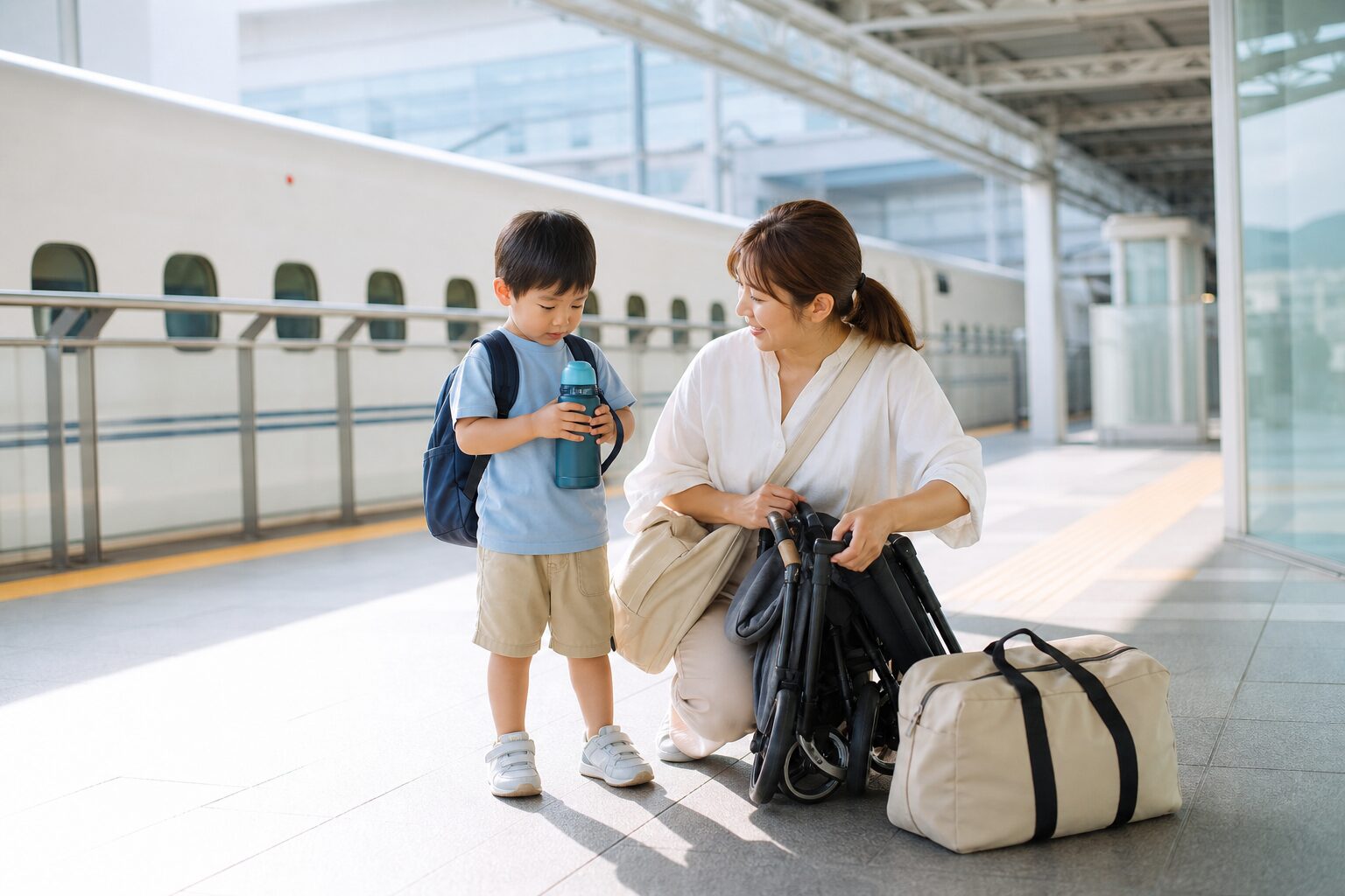 夏休みの新幹線移動前に親子で荷物とベビーカーを整えるイメージ