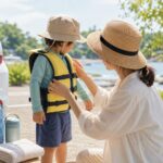 子連れで海や川へ出かける前に持ち物を整えるイメージ