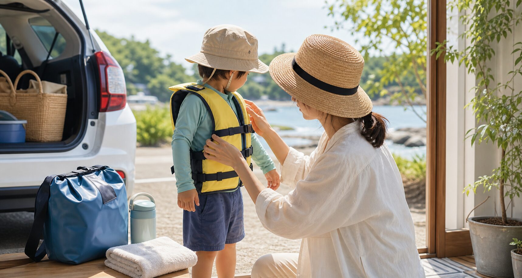子連れで海や川へ出かける前に持ち物を整えるイメージ