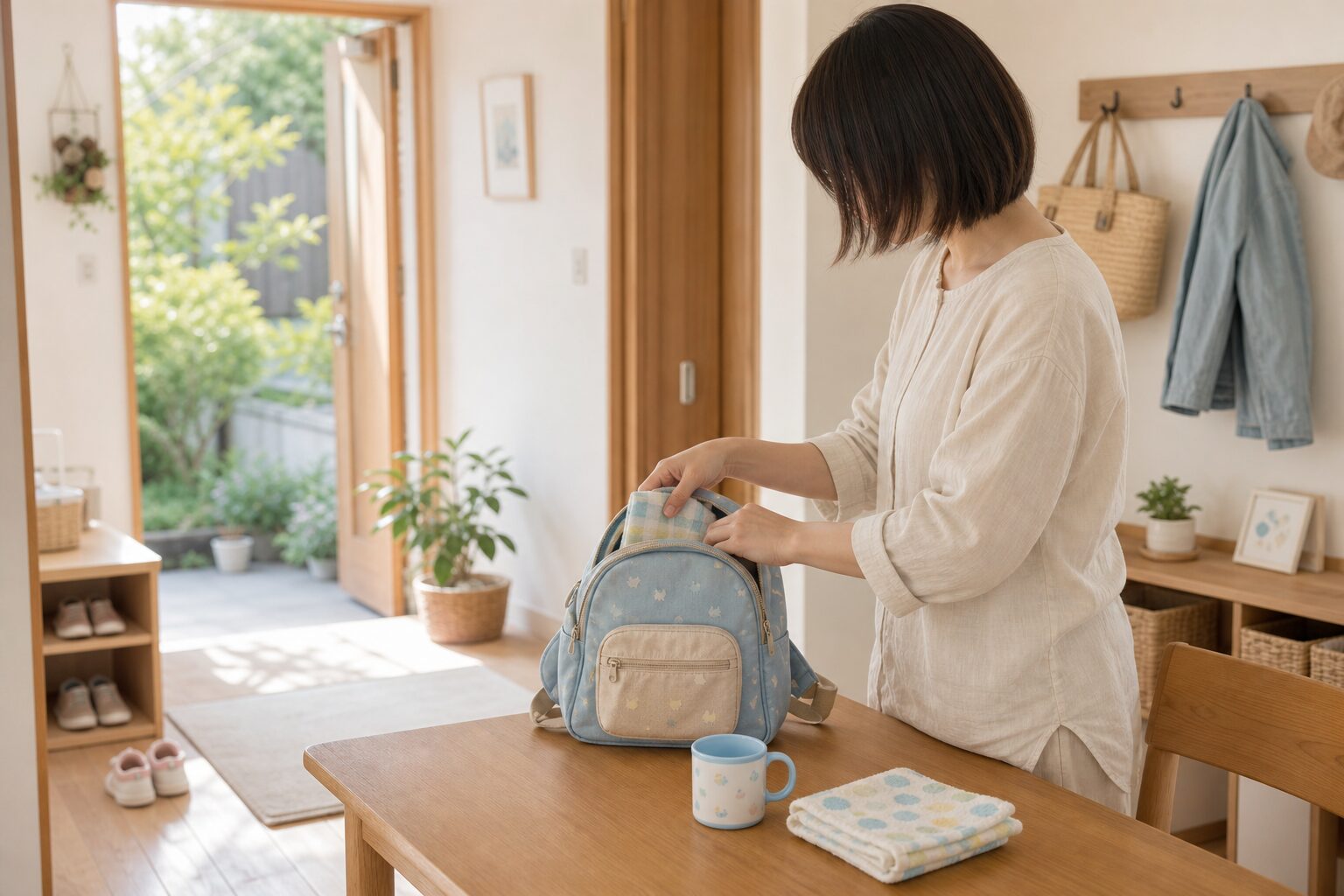 保育園の感染症が気になる朝にコップとタオルを準備する家庭のイメージ